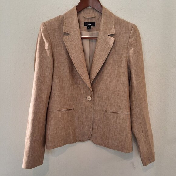 H&M Beige Linen Single-Breasted Blazer With Notched Collar & Shell Buttons SZ 10 - Picture 2 of 8